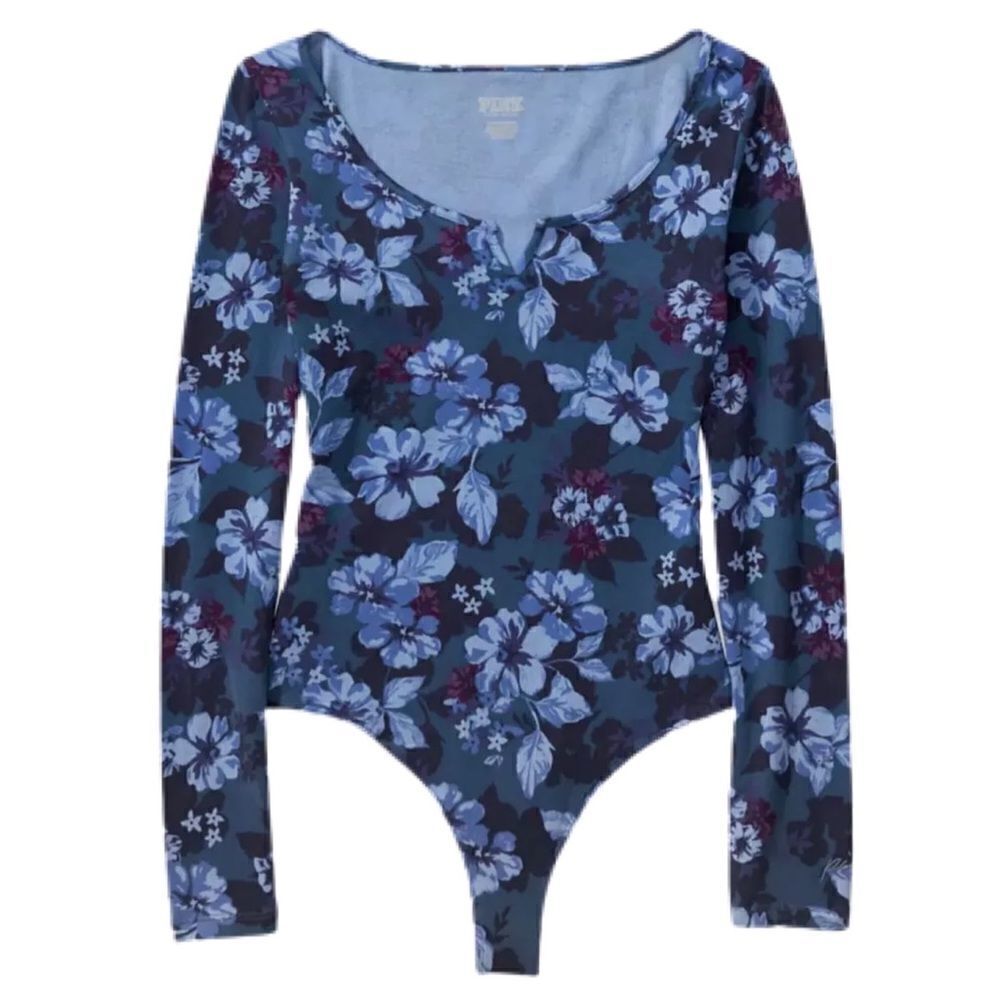 Victorias Secret Pink Soft Cotton Long Sleeve Bodysuit Shirt Top Dark blue